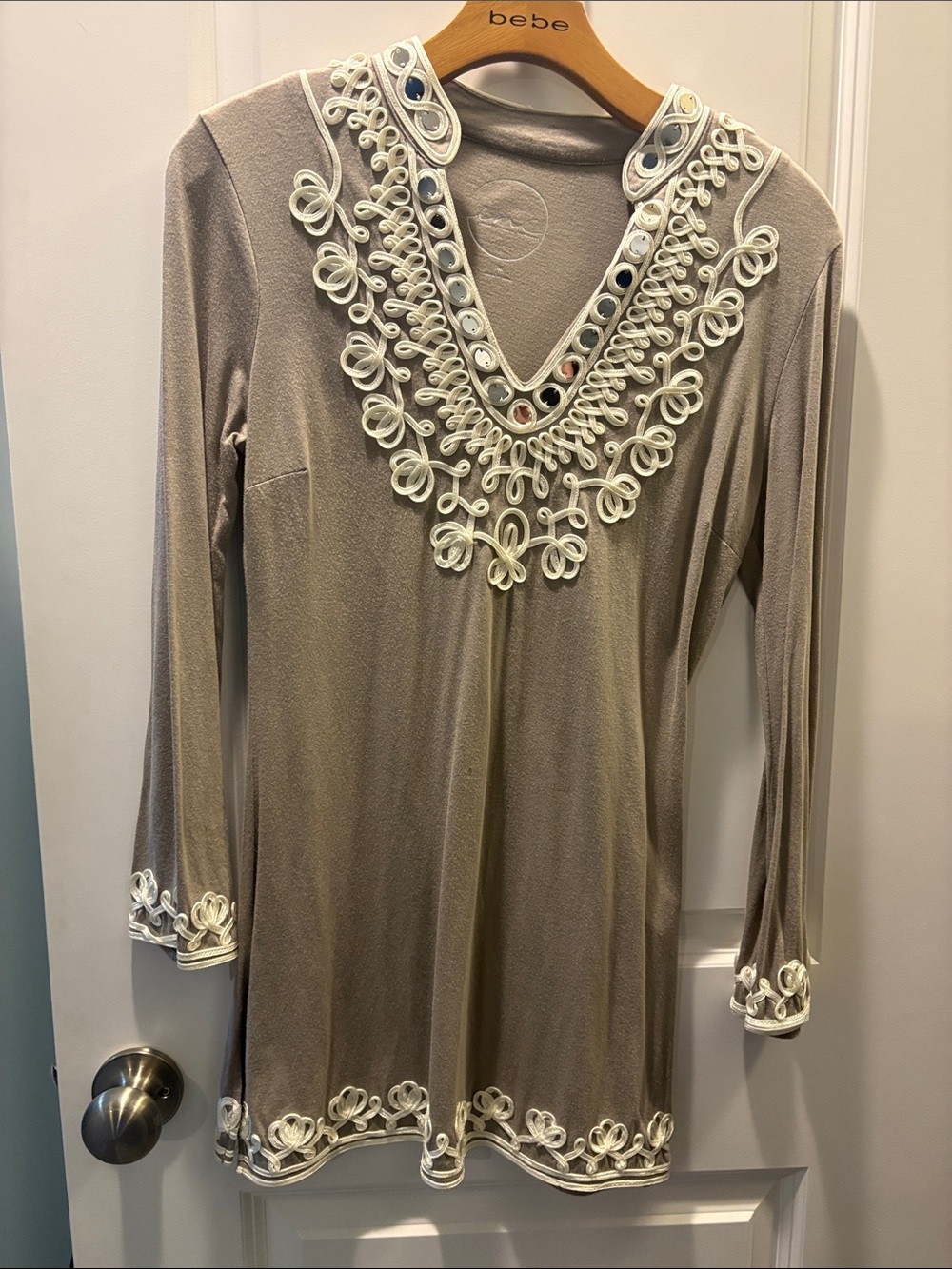 Inc Taupe Tunic with Cream Embellished V-Neck